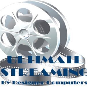 "Ultimate Streaming by Designer Computers logo, featuring a film reel and filmstrip, highlighting streaming television services."